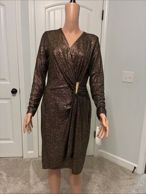 Long-Sleeve Metallic Brown Wrap Dress with Accent Detailing.